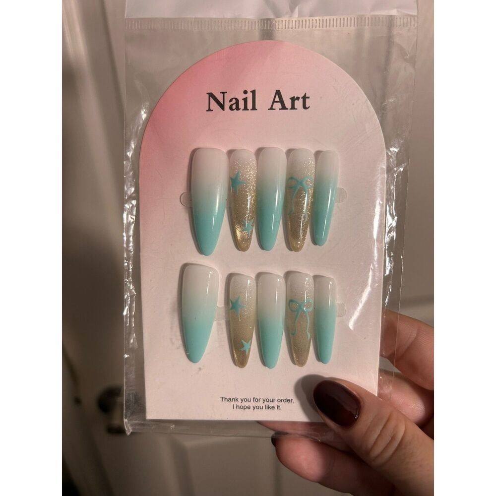 Light Blue Ombre Glitter Press-On Nails Set with Stars & Ribbon Bows (10 Pc)